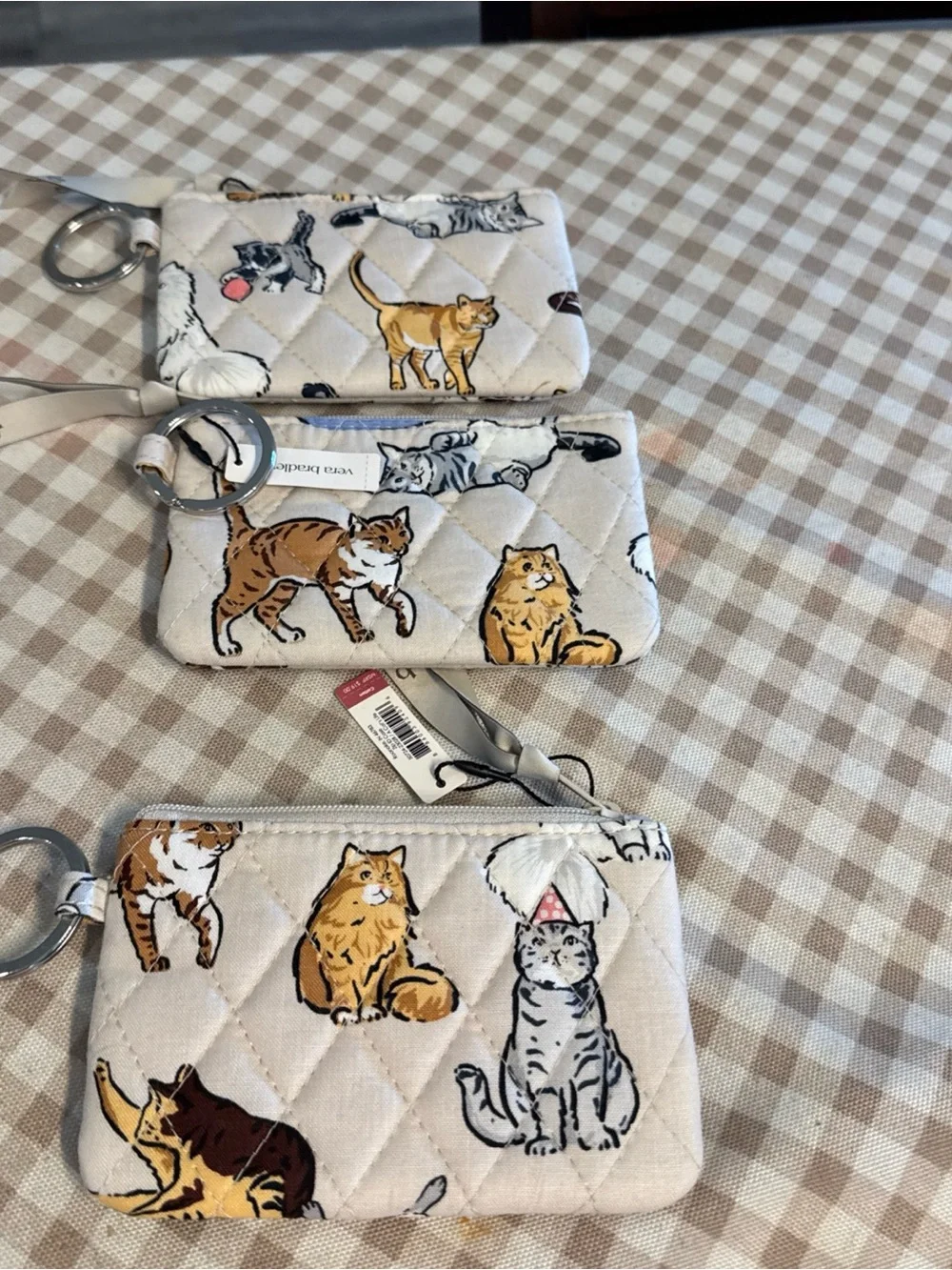 Cat Print Quilted Key Pouch - Cream